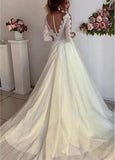 Bateau Long Sleeves A-line Tulle Lace Appliques & Belt  Wedding Dress