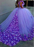 Real Photos  Attractive Tulle Off-the-shoulder Neckline Ball Gown Evening Dresses With 3D Flowers