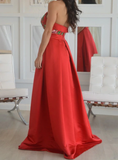 Long Red A Line Strapless Satin Unique Embroidery Prom Dress