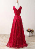 Red Fabulous Lace V-neck Neckline A-Line Prom Dresses