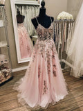 Tulle A Line Appliques Spaghetti Straps Pink Formal Prom Dress