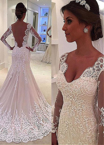 Tulle V-neck Long Sleeve Lace Backless Mermaid Wedding Dress