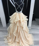 Champagne Tulle Sequin Long Prom Dress
