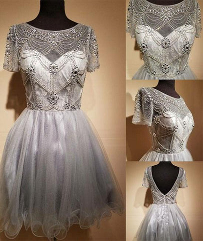 Cap Sleeve Light Gray Elegant Tulle Sequin Short Prom Dress