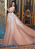 Champagne Tulle Off-the-shoulder Lace Appliques Ball Gown Wedding Dress