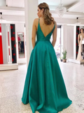 V Neck Backless Green Long A Line Prom Dresses with Pocket