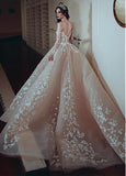 Tulle Off-the-shoulder Champagne Beading Ball Gown Wedding Dress