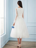  Appliques Long Sleeve Tea-Length Wedding Dress