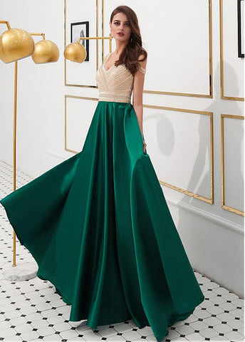 Satin V-neck Green Beading Floor-length A-line Prom Dress – Sassymyprom