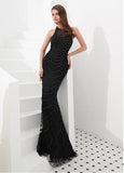 Tulle & Satin Jewel Black Beading Mermaid Evening Dress