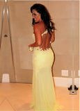 Yellow Tulle & Silk-like Chiffon One-shoulder Sheath Evening Dresses With Lace Appliques