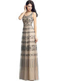Shimmering Tulle Scoop Neckline Cut-out Back Full-length A-line Evening Dresses With Beadings