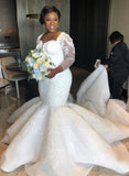 Long Sleeve Lace Appliques Mermaid Cheap Chapel Train Lace Wedding Dress