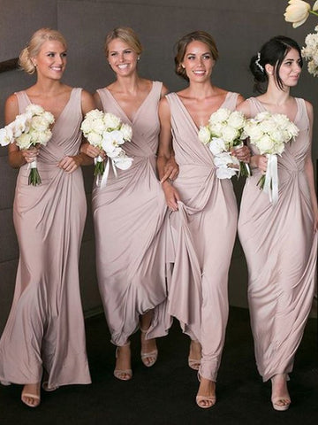 V-neck Sleeveless Pink Chiffon Bridesmaid Dresses
