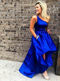 One Shoulder Royal Blue Satin Prom Dress With Pocket