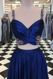 Royal Blue Satin Pleats Two Piece Spaghetti Straps Embroidery Prom Dress