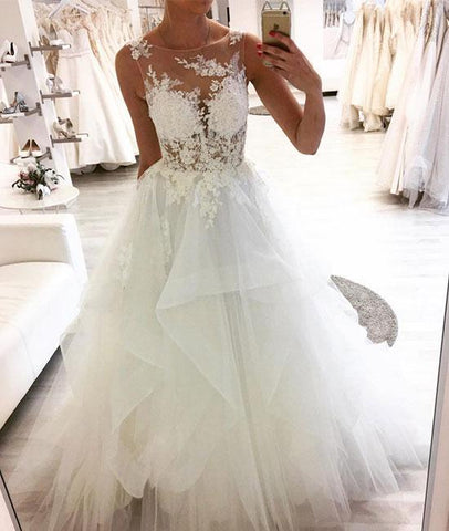 White Illusion Neck Lace Appliques Tulle Wedding Dress