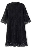 Black Openwork Stand Collar 3/4 Sleeve Lace Dress