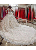 Lace Jewel Long Sleeves Ball Gown Wedding Dress With 3D Flowers