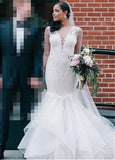 Long Sleeves Tulle Bateau Mermaid Wedding Dress With Lace Appliques
