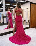 Pink Sequin Trumpet MermaId V Neck Prom Dress