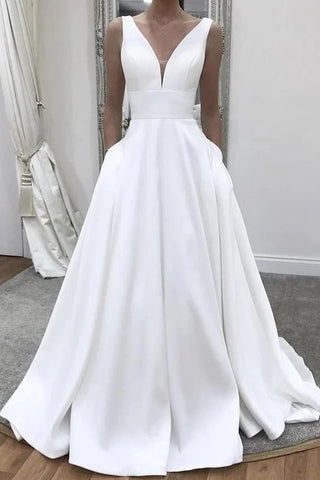 Satin A Line Elegant Plunging Neck Wedding Dress With Pocket