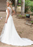 Tulle V-neck Lace Appliques A-line Wedding Dress With Belt
