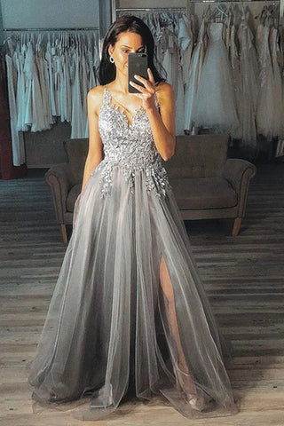 Appliques Beading Tulle Silver V Neck A Line Prom Dress