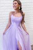 Appliques Beading Lilac Tulle Floor Length A Line Prom Dress