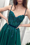 Spaghetti Straps Tulle Dark Green Appliques Belt Prom Dress