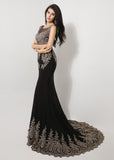 Marvelous Jersey Scoop Neckline Mermaid Evening Dresses With Lace Appliques & Rhinestones