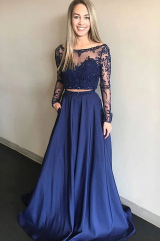 Royal Blue Two Piece Appliques Long Sleeves Tulle Beading Prom Dress