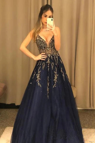 Sexy V Neck Tulle  Navy Blue Beading A Line Prom Dress
