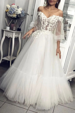 Appliques Off The Shoulder White Long Sleeve Tulle Prom Dress