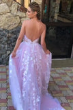 Backless Appliques Pink V Neck Tulle Sweep Train Wedding Dress