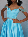 A-Line Sweetheart Blue Beading Satin Prom Dress
