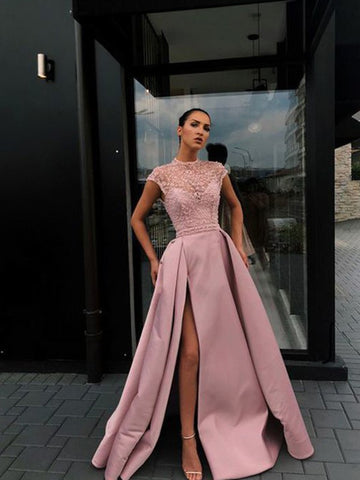Short Sleeves Pink Princess Satin Scoop Prom Dresses with Beading