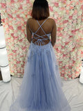 Tulle Open Back Blue Lace Long Appliques Prom Dress