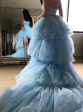 Sweetheart Sweet Blue Tulle Hi Lo Prom Dress With Long Train