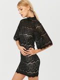 Black Flare Sleeve Hollow Out Lace Mini Dress