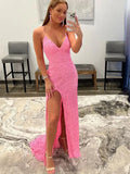 Pink V Neck Detachable Sexy Mermaid Sequin Prom Dress