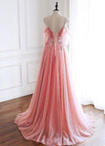 Tulle Spaghetti Straps 3D Flowers Beading Coral A-line Prom Dress