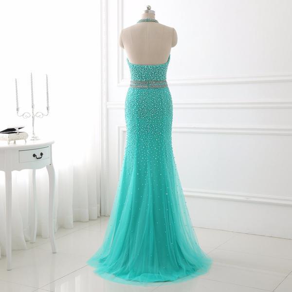 turquoise backless dress Blue Halter Pearls Mermaid Prom US10 / As The Pictures Bright Blue Size:32 Sleeveless Wedding Dress Half Birthday Outfit: Handmade