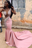 Appliques Mermaid Sleeveless See Through Tulle Sexy Beads Pink Prom Dress