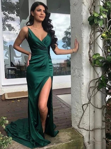Dark Green Satin Sheath Column Sexy Spaghetti Straps Pleats Prom Dress