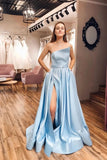 Satin Floor Length One Shoulder Sky Blue Prom Dress With Slit