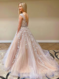 A-Line Champagne Tulle Appliques Backless Prom Dress