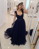 Blue Tulle Straps Beading Long Formal Prom Dress