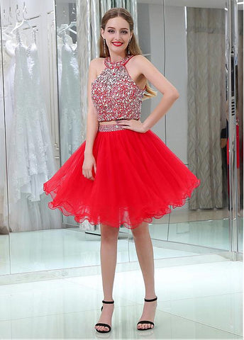 Sparkly Tulle Jewel Neckline A-line Two-piece Cocktail Dresses With Beadings Sassymyprom Sparkly Tulle Jewel Neckline A-line Two-piece Cocktail Dresses With Beadings Sassymyprom
