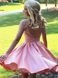 Pink Satin Beading Backless Knee-Length Homecoming Dress